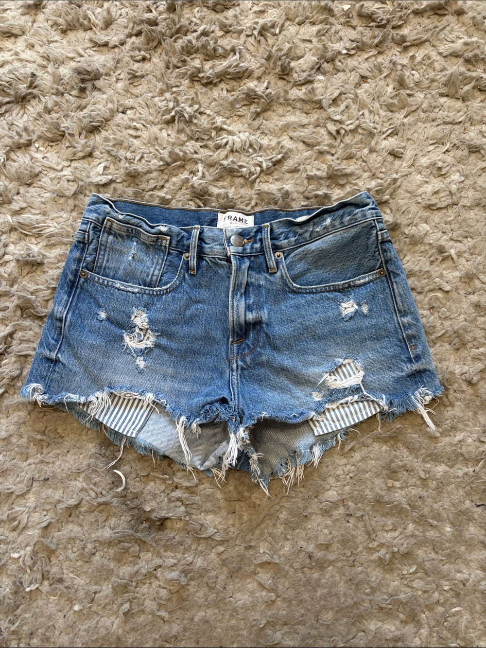 Frame Denim Light Blue Ripped Jean Shorts with Striped Patch